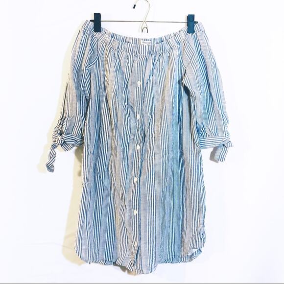 MADEWELL Blue & White Striped Off-Shoulder Shirt Dress Sz. S - Picture 5 of 7
